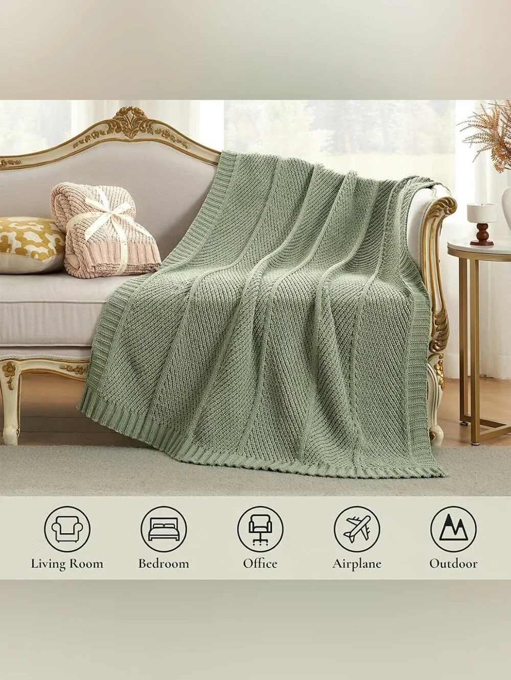 Cozy Knit Chunky Chenille Throw Blanket in Sage Green -50 X 60